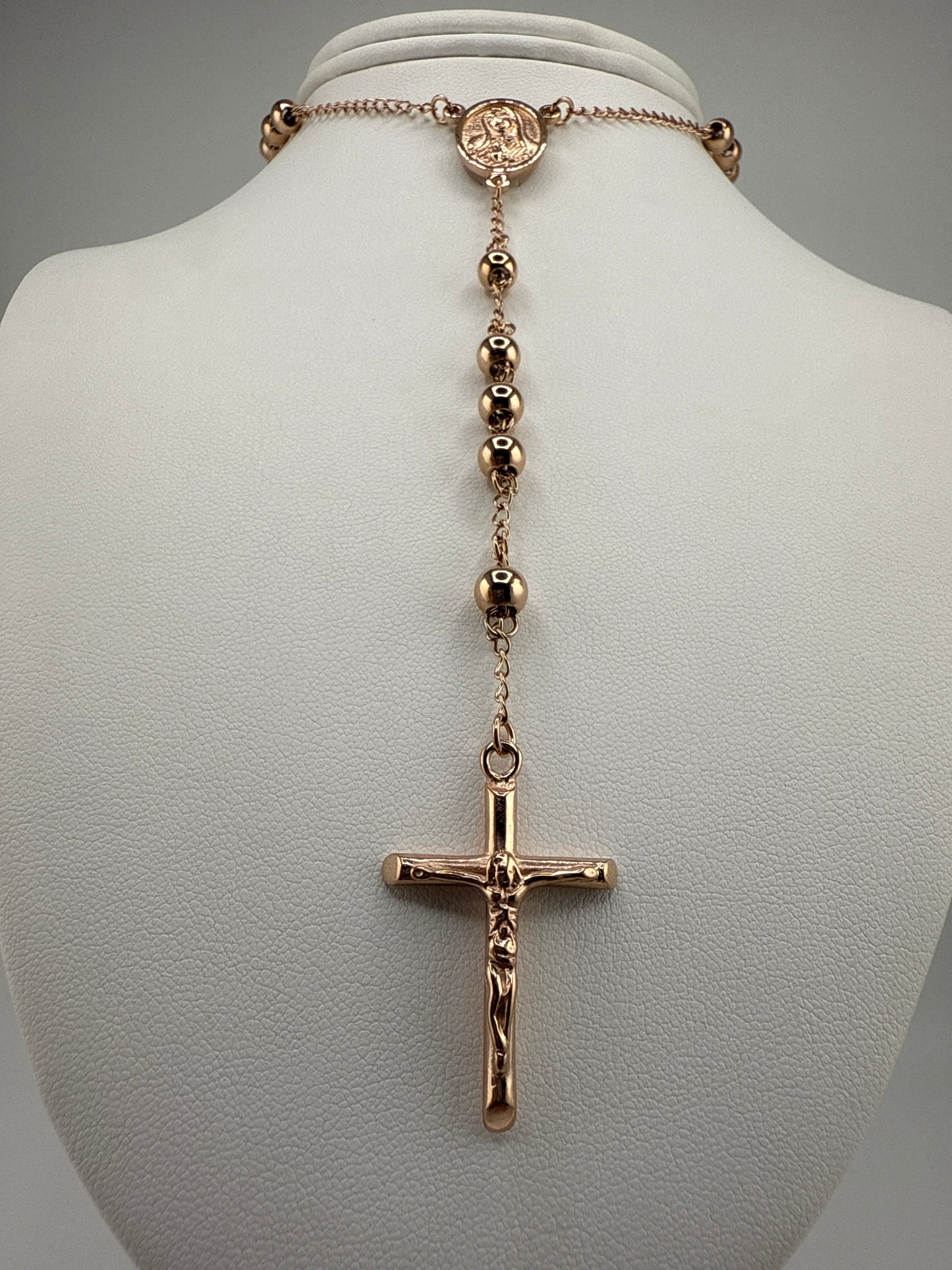 Stainless Steel Polished Rose IP-plated 30 inch Rosary Necklace