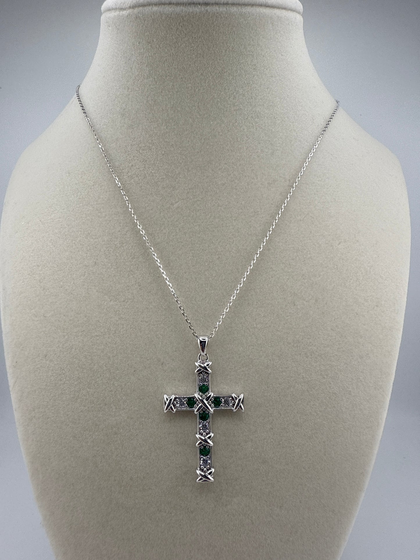 Sterling Silver Cross Necklace - Emerald and Zirconia