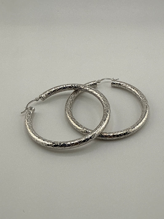 Sterling Silver Rhodium-Plated Textured 4x50 mm Hoop Earrings