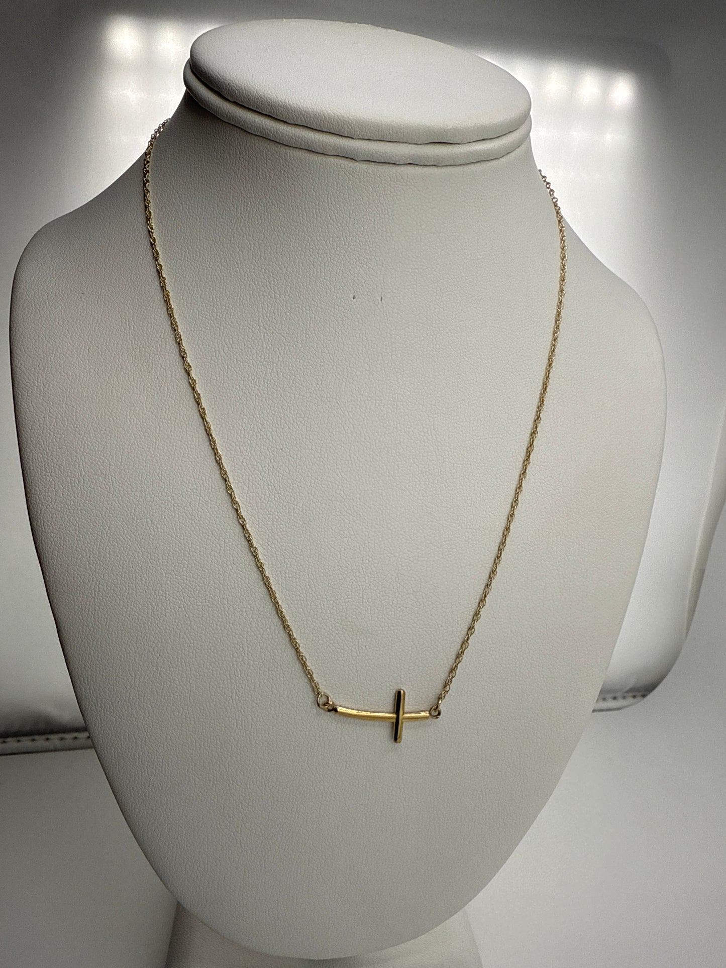 Sterling Silver YG-plated Large Sideways Curved Cross Pendant and Chain