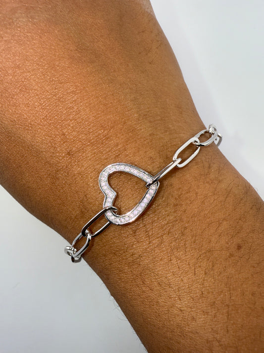 Sterling Silver Zirconia Heart Paperclip Bracelet