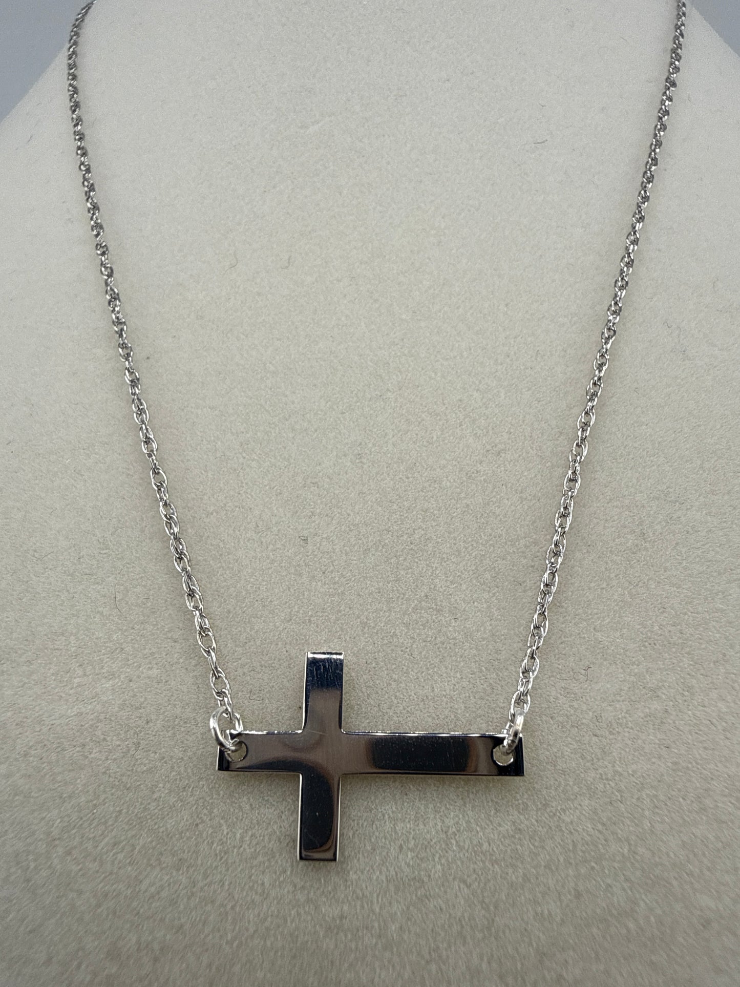 Sterling Silver Rhodium-plated Large Sideways Cross Necklace