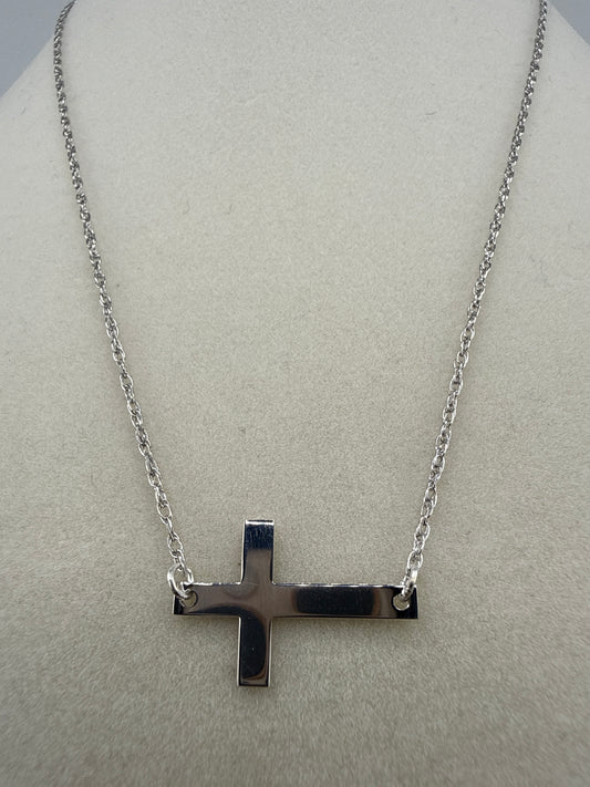 Sterling Silver Rhodium-plated Large Sideways Cross Necklace