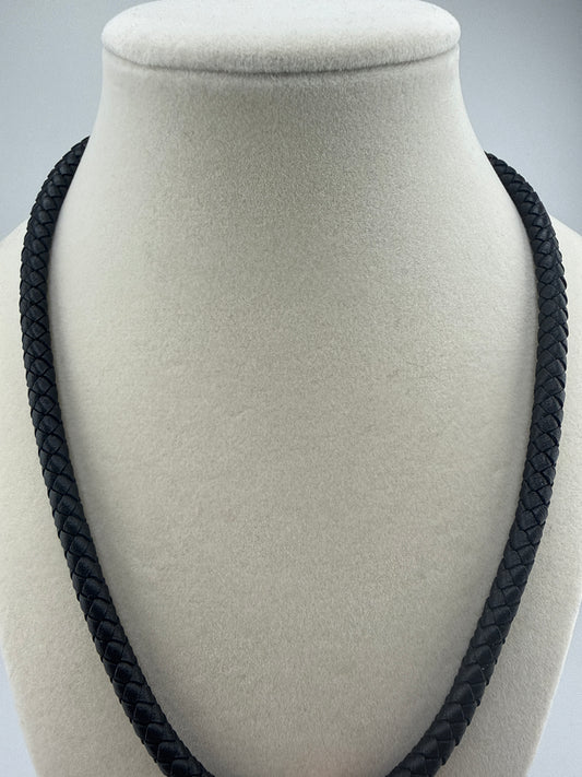 Stainless Steel Polished Woven Black or Brown Leather 19.5 inch Necklace