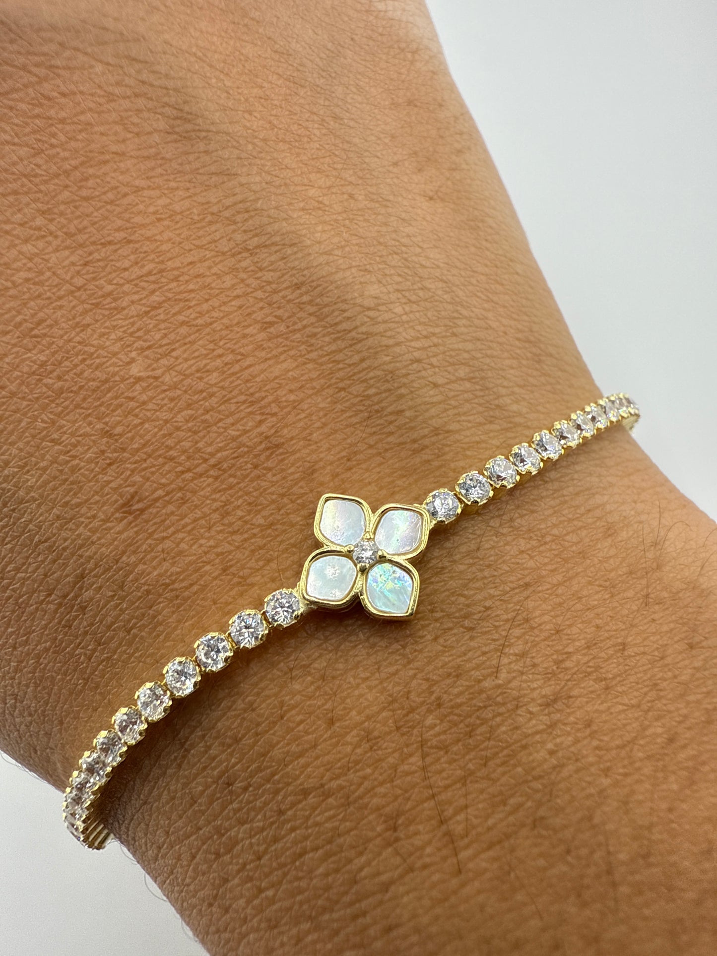 Sterling Silver Flower MOP Center, Zirconia Adjustable Bolo Bracelet - Gold Plated