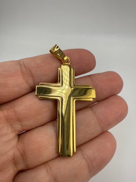 Sterling Silver Gold-tone Polished and Grooved Cross Pendant