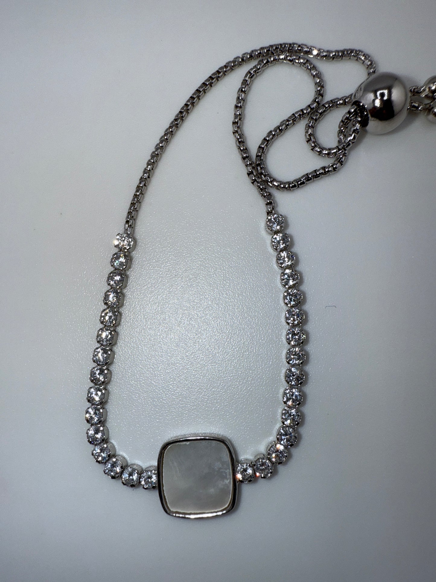 Sterling Silver, Square MOP Center, Zirconia Adjustable Bolo Bracelet