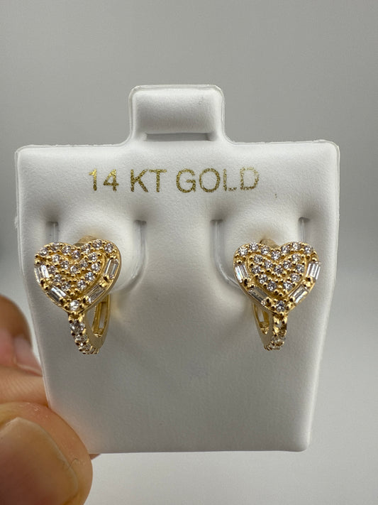 14k Yellow Gold and Zirconia Small Heart Huggie Earrings