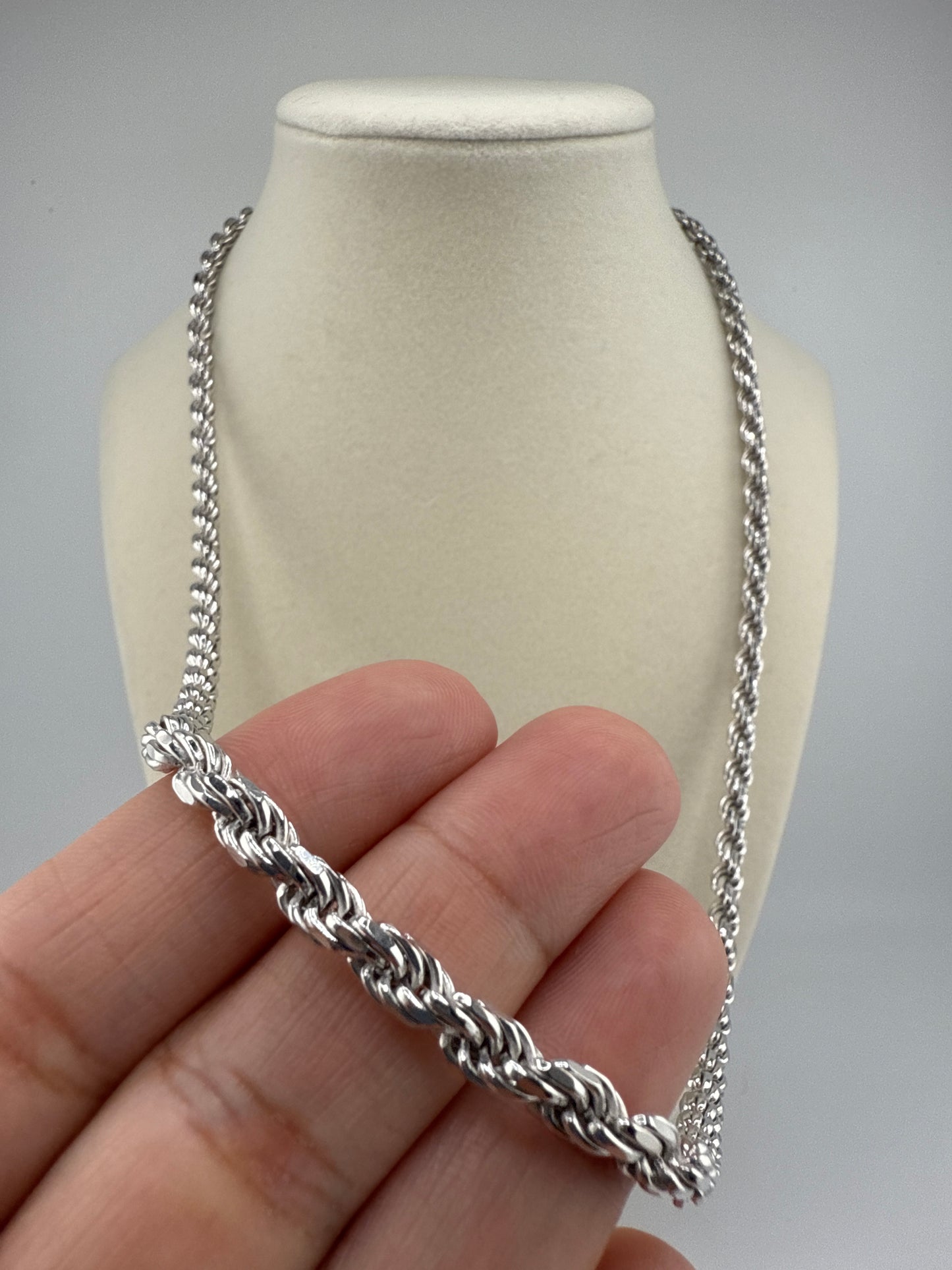 Sterling Silver 24inch Solid Diamond-Cut 5mm Rope Chain - Rhodium Plated