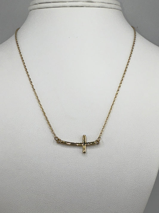 Sterling Silver YG-plated Large Sideways Curved Cross Pendant and Chain