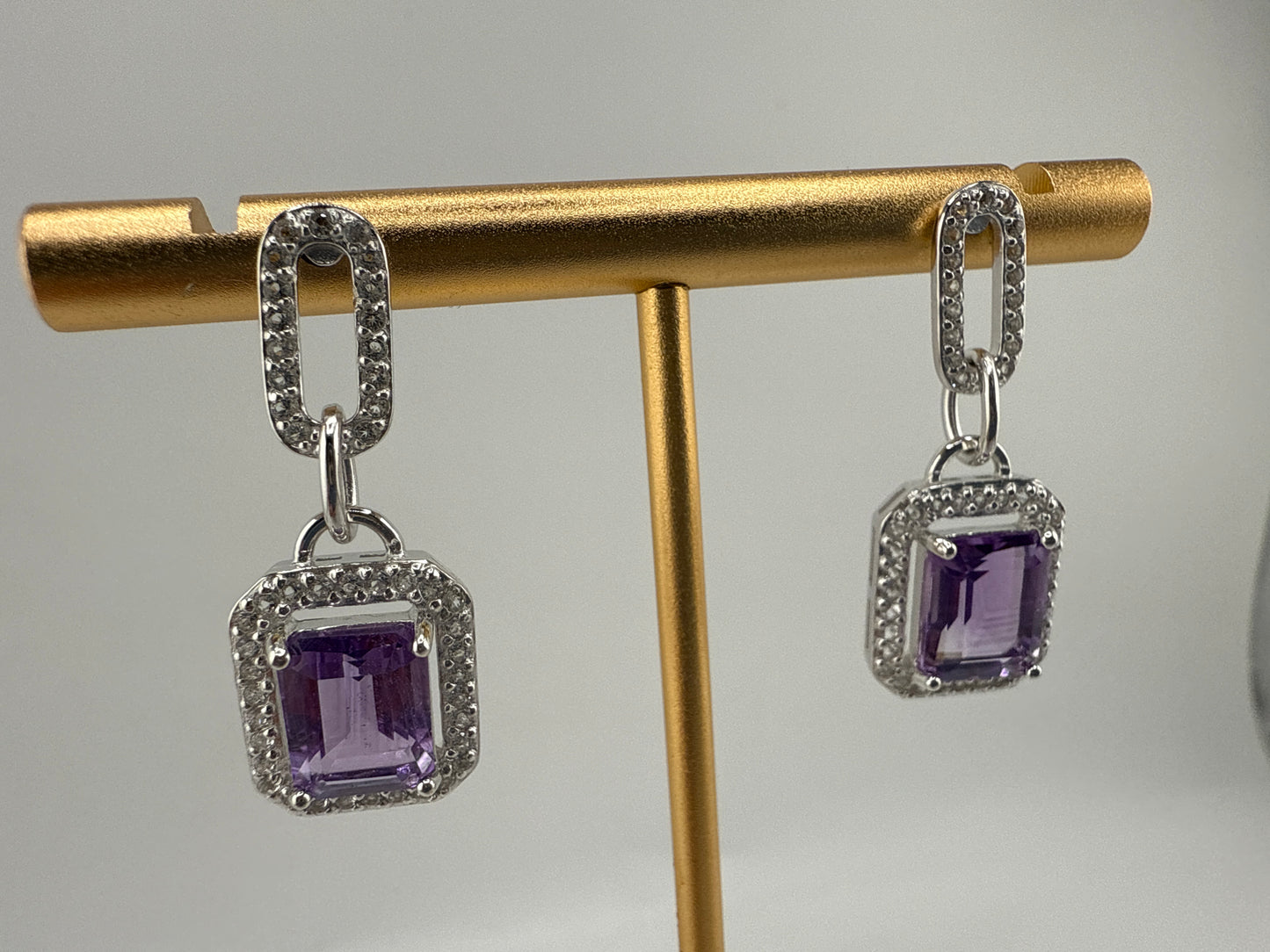 Sterling Silver Emerald-Cut 7x9 Amethyst, White Topaz Border, Dangle Earrings