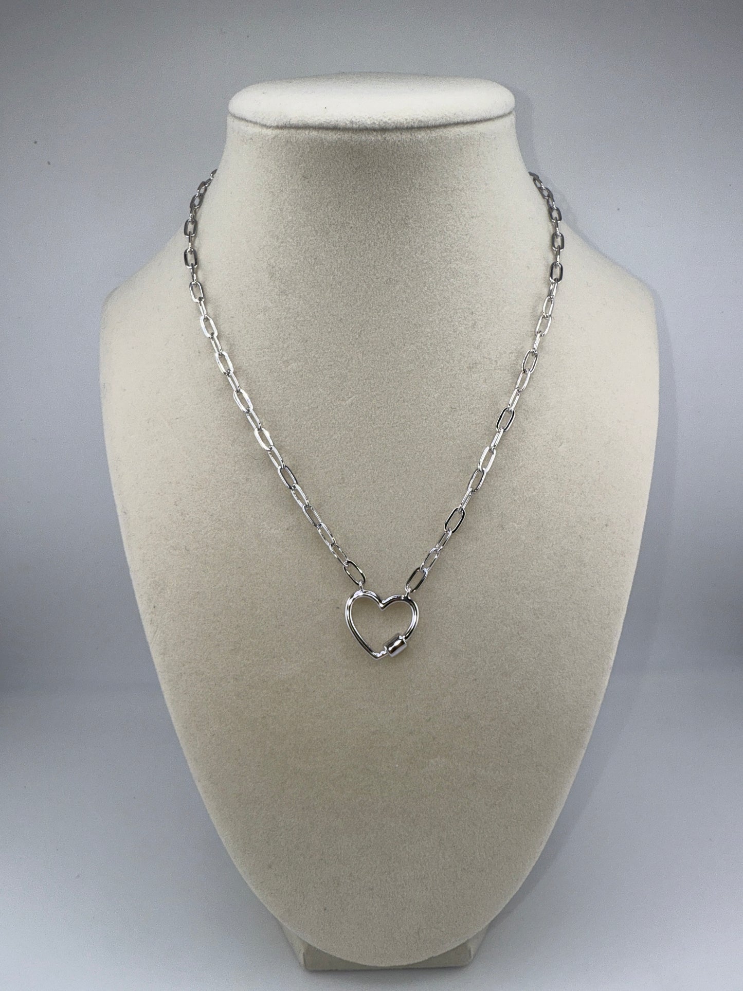 Sterling Silver, Heart Carabiner Paperclip Necklace