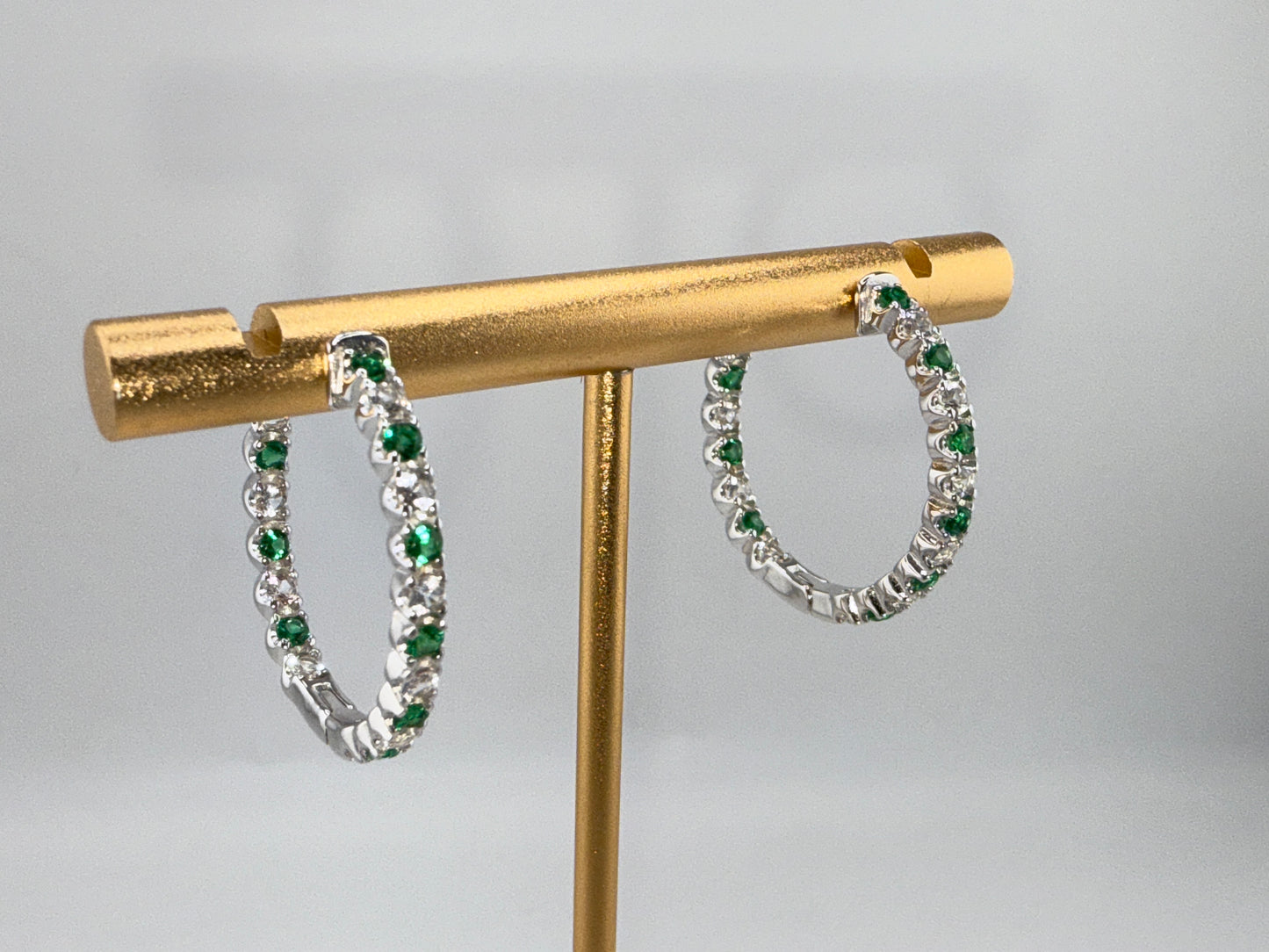 Sterling Silver 3x25mm Hoop Earrings - Created Emerald and White Sapphire