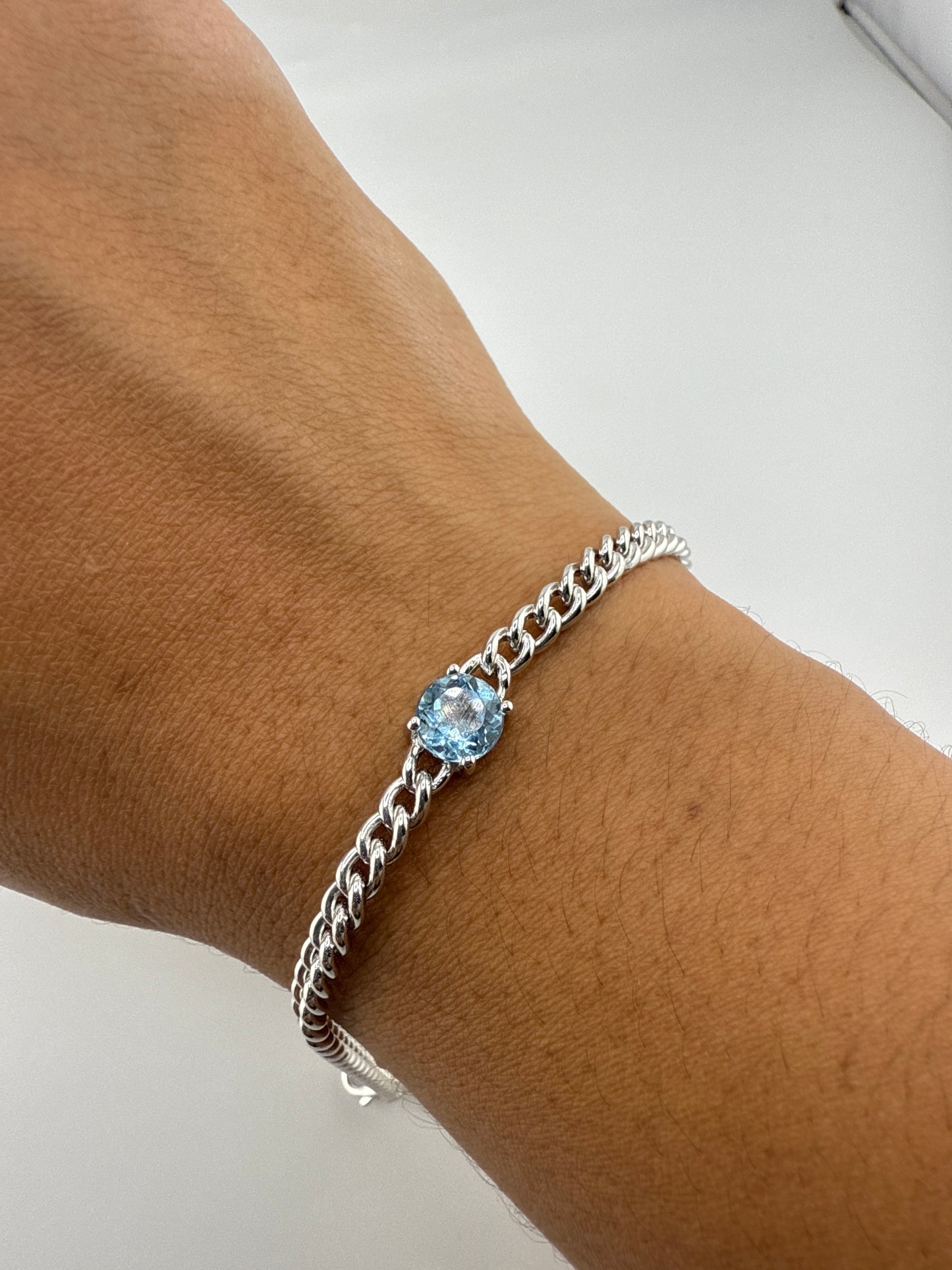 Sterling Silver Round Center Blue Topaz Chain Bracelet