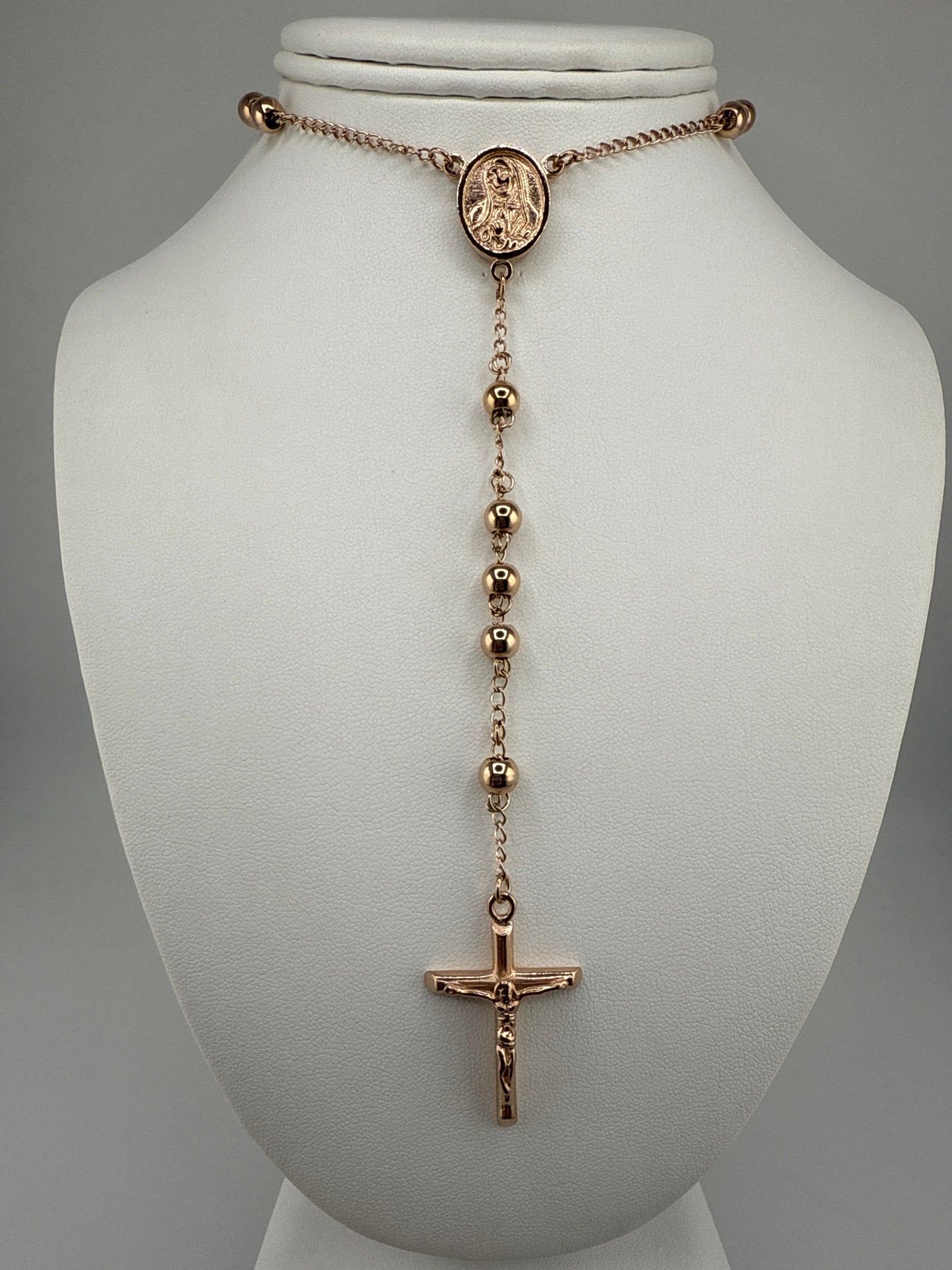 Stainless Steel Polished Rose IP-plated 30 inch Rosary Necklace