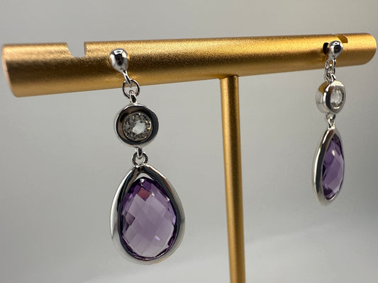 Sterling Silver White Topaz and Gem Teardrop Earrings - Amethyst