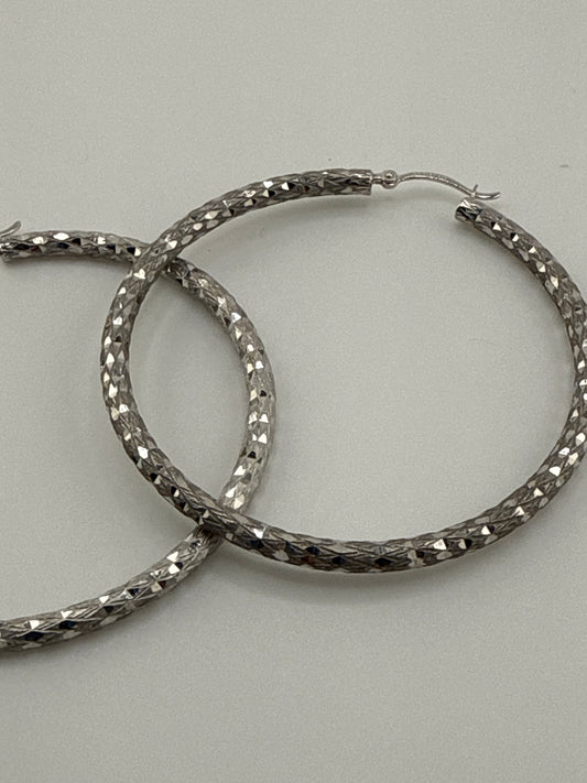 Sterling Silver Rhodium-plated Diamond-Cut Hoop Earrings