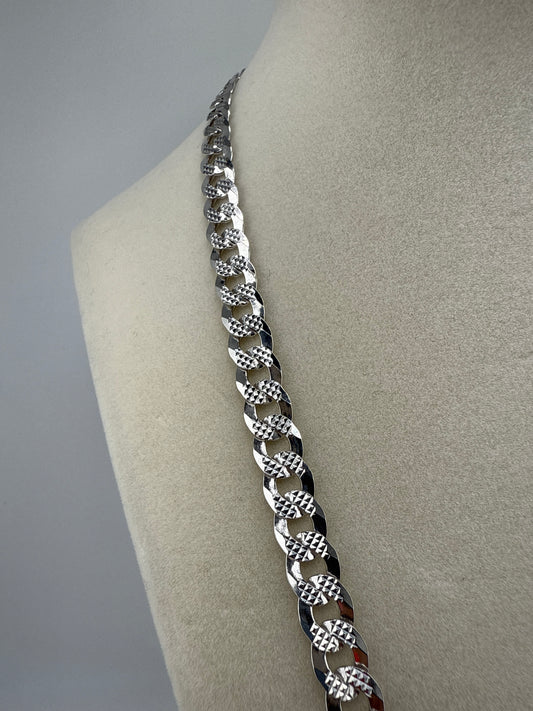 Sterling Silver 20inch 7.5mm Textured & Polished Cuban Chain - Rhodium Plated