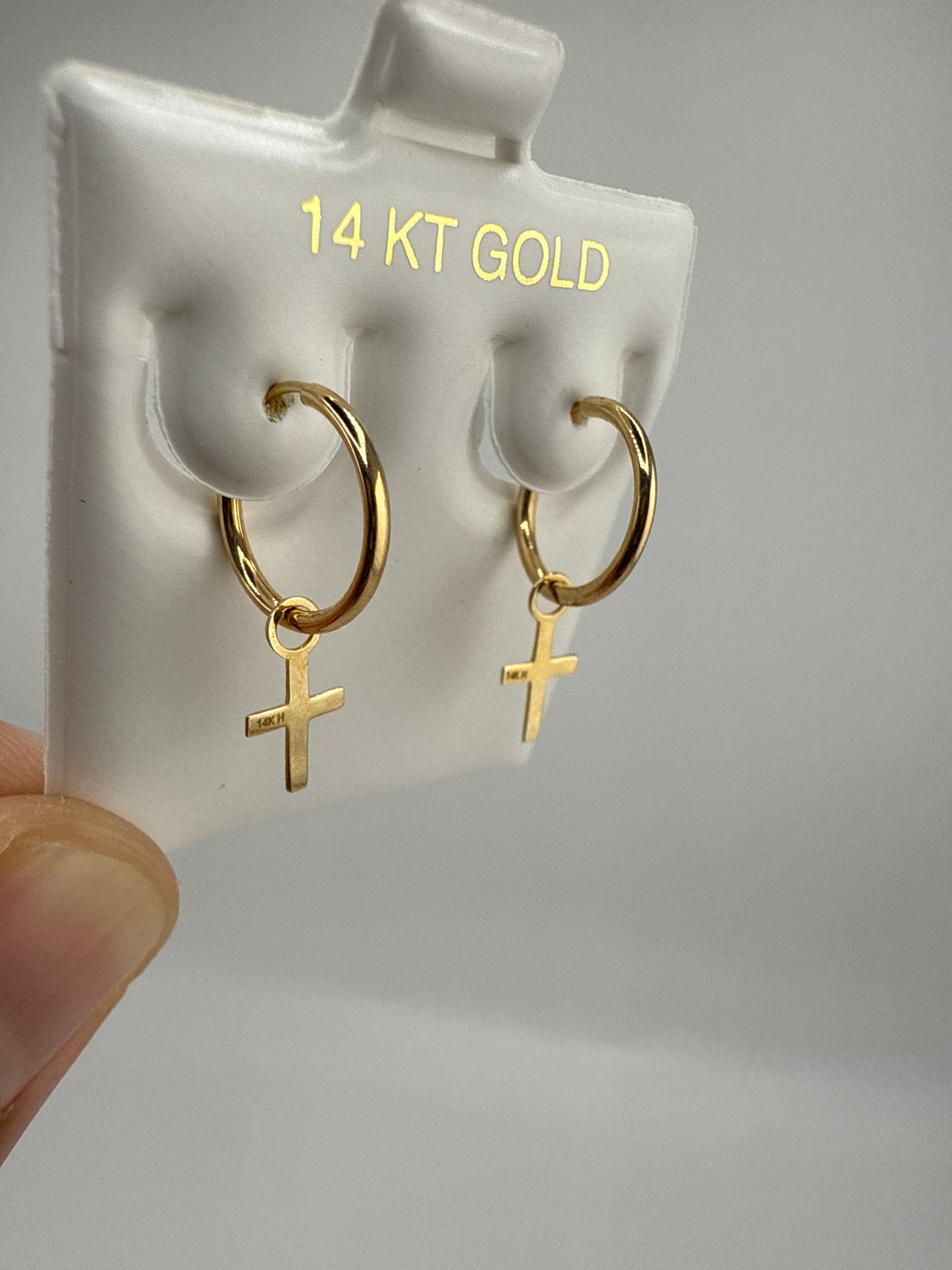 14k Yellow Gold Huggie Earrings with Dangling Crosses