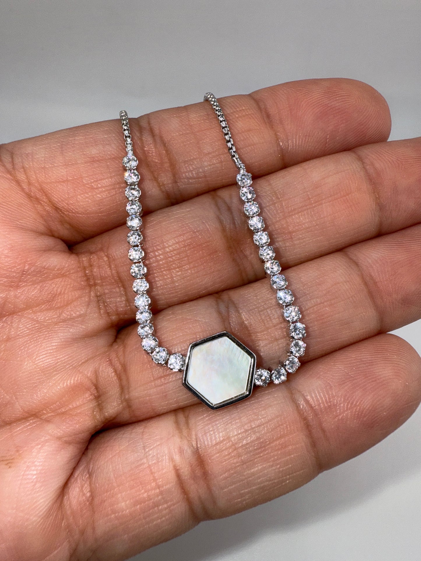 Sterling Silver, Hexagon MOP Center, Zirconia Adjustable Bolo Bracelet