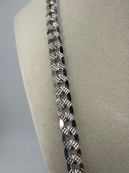 Sterling Silver 24inch 7.5mm Textured & Polished Cuban Chain, Rodium-Plated