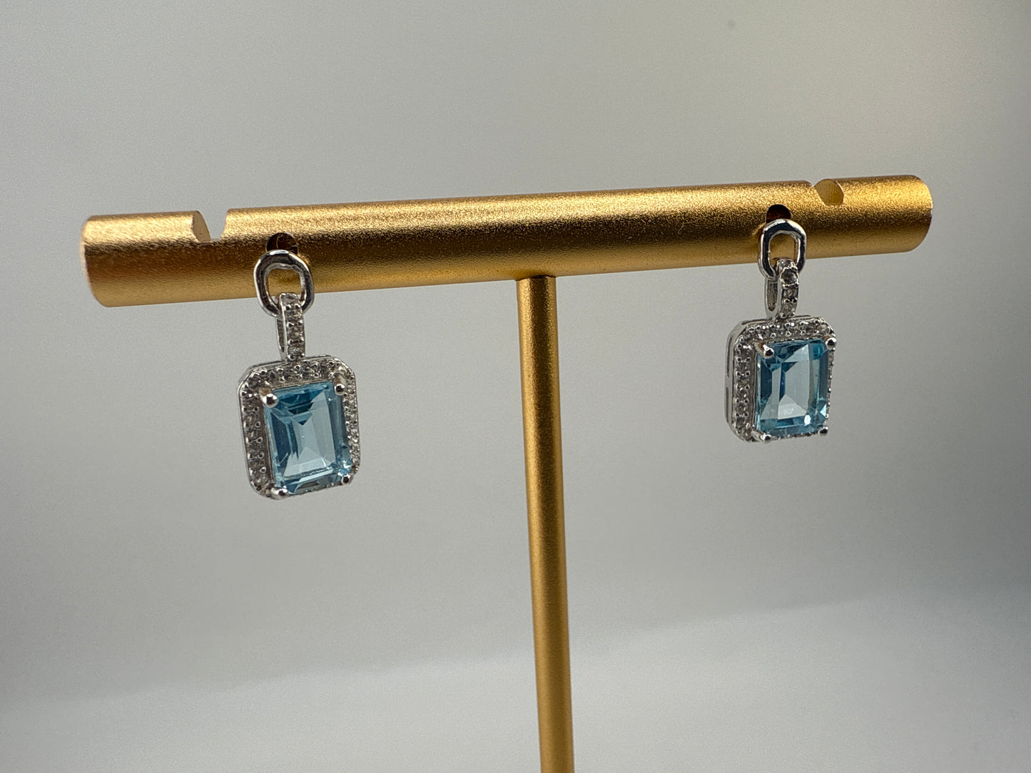 Sterling Silver, Emerald-Cut 5x7 Blue Topaz, White Topaz, Dangle Earrings
