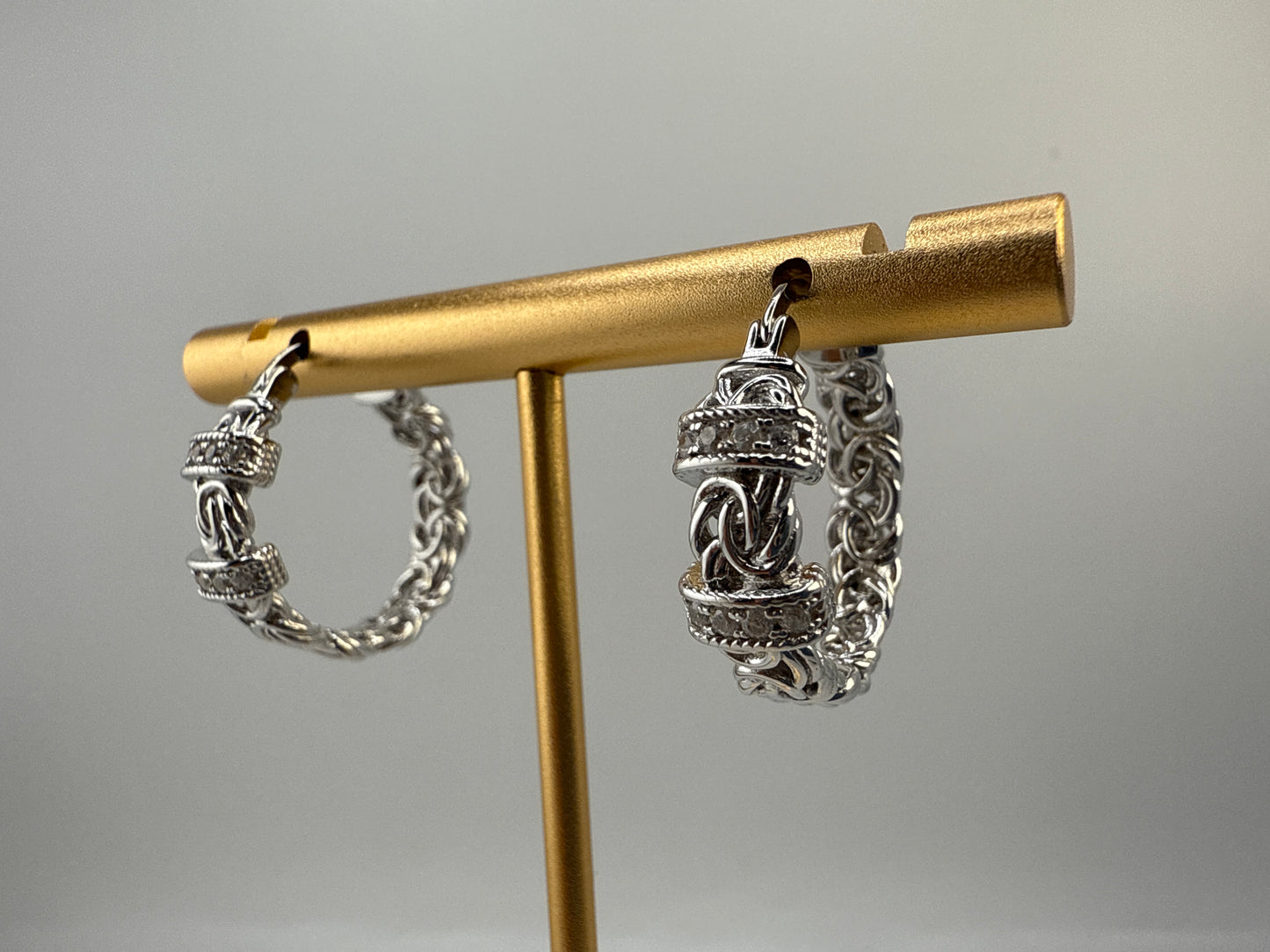 Sterling Silver 22mm Byzantine Design Zirconia Hoop Earrings