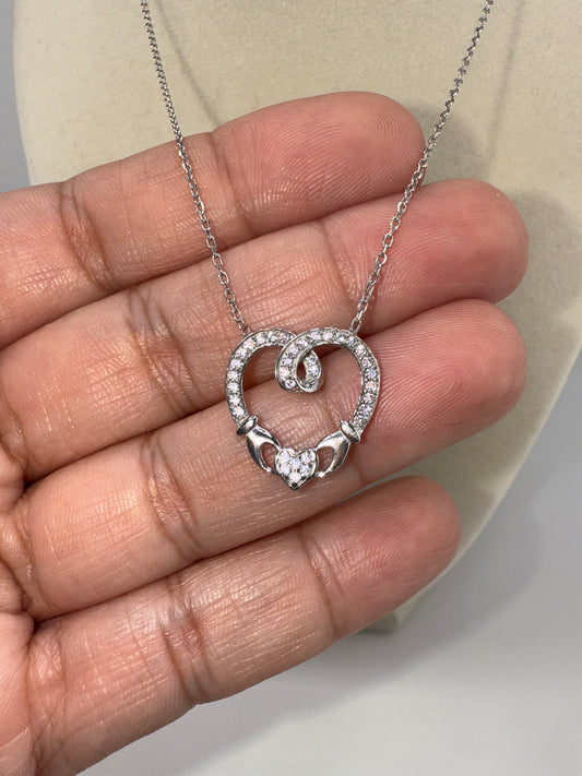 Sterling Silver Zirconia Claddagh Style Necklace