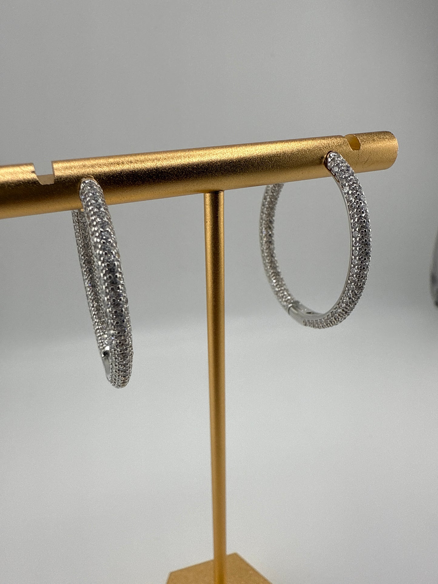 Sterling Silver 3x30mm Inside-Outside Micro Pave Zirconia Hoop Earrings