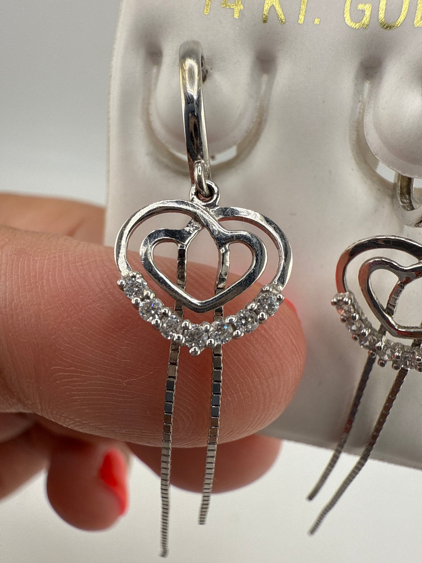 14k and Zirconia Huggie with Heart Dangle Details