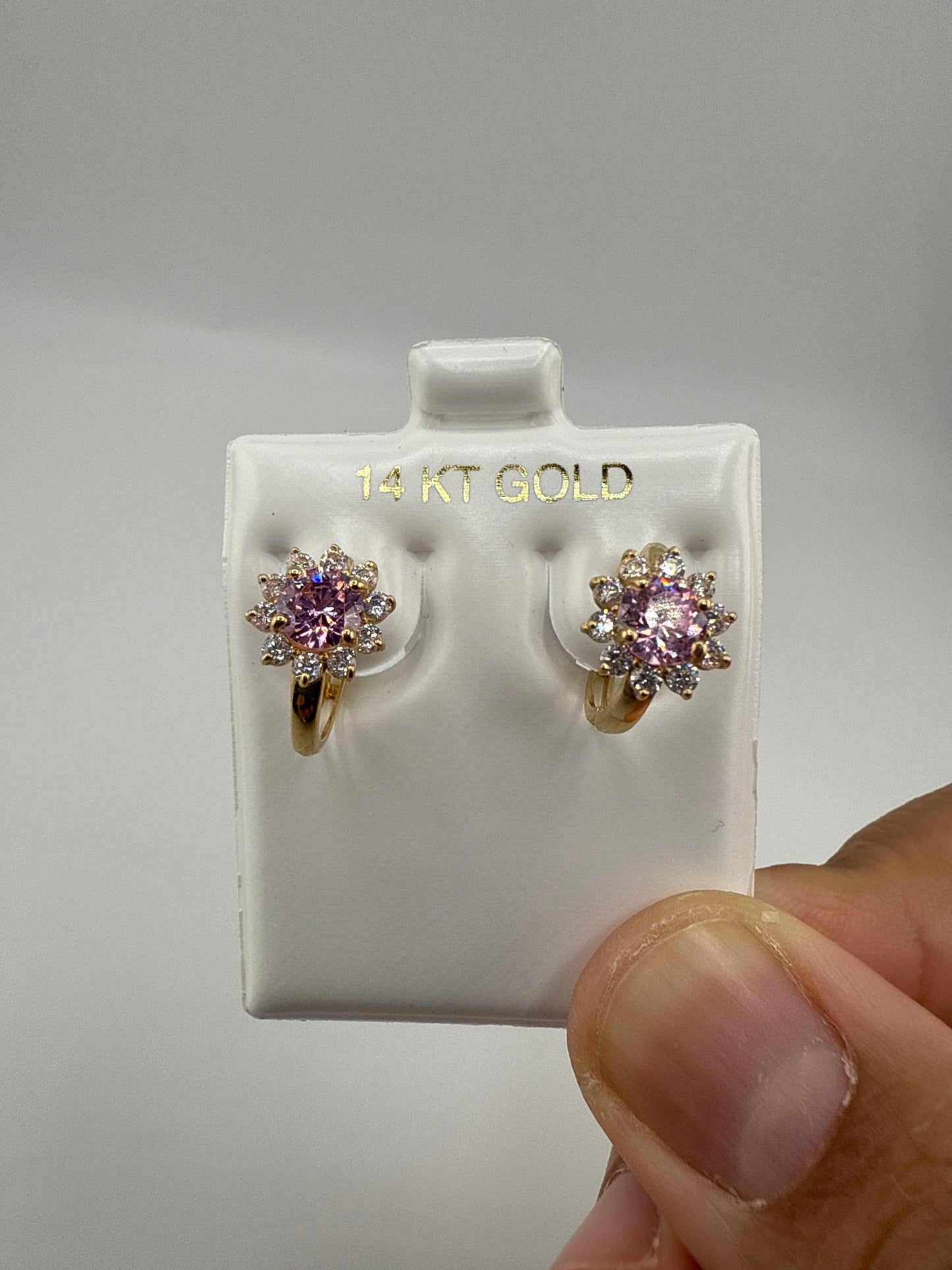 14k Yellow Gold, Zirconia, and Pink Gemstone Huggie Earrings