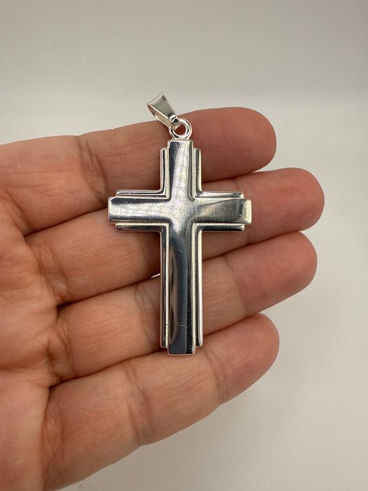Sterling Silver Polished with Edge Lines Large Latin Cross
