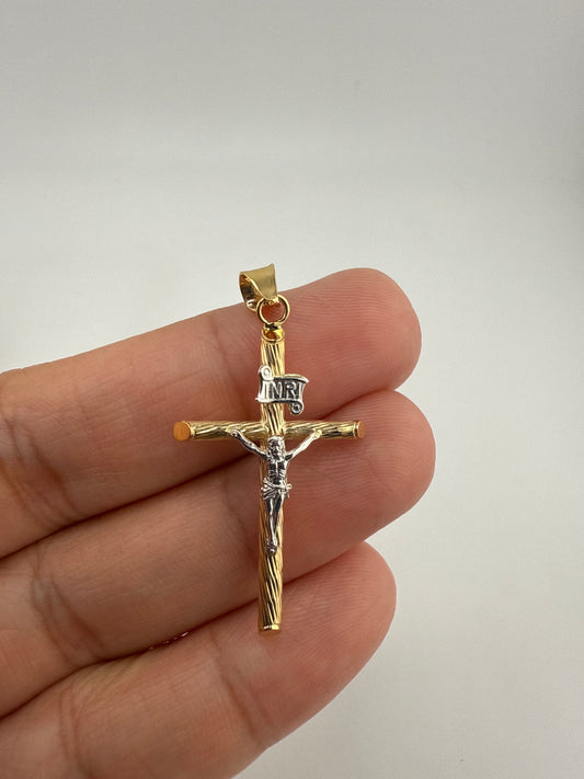 14k Gold w/ White Rhodium Polished & Textured Crucifix Pendant