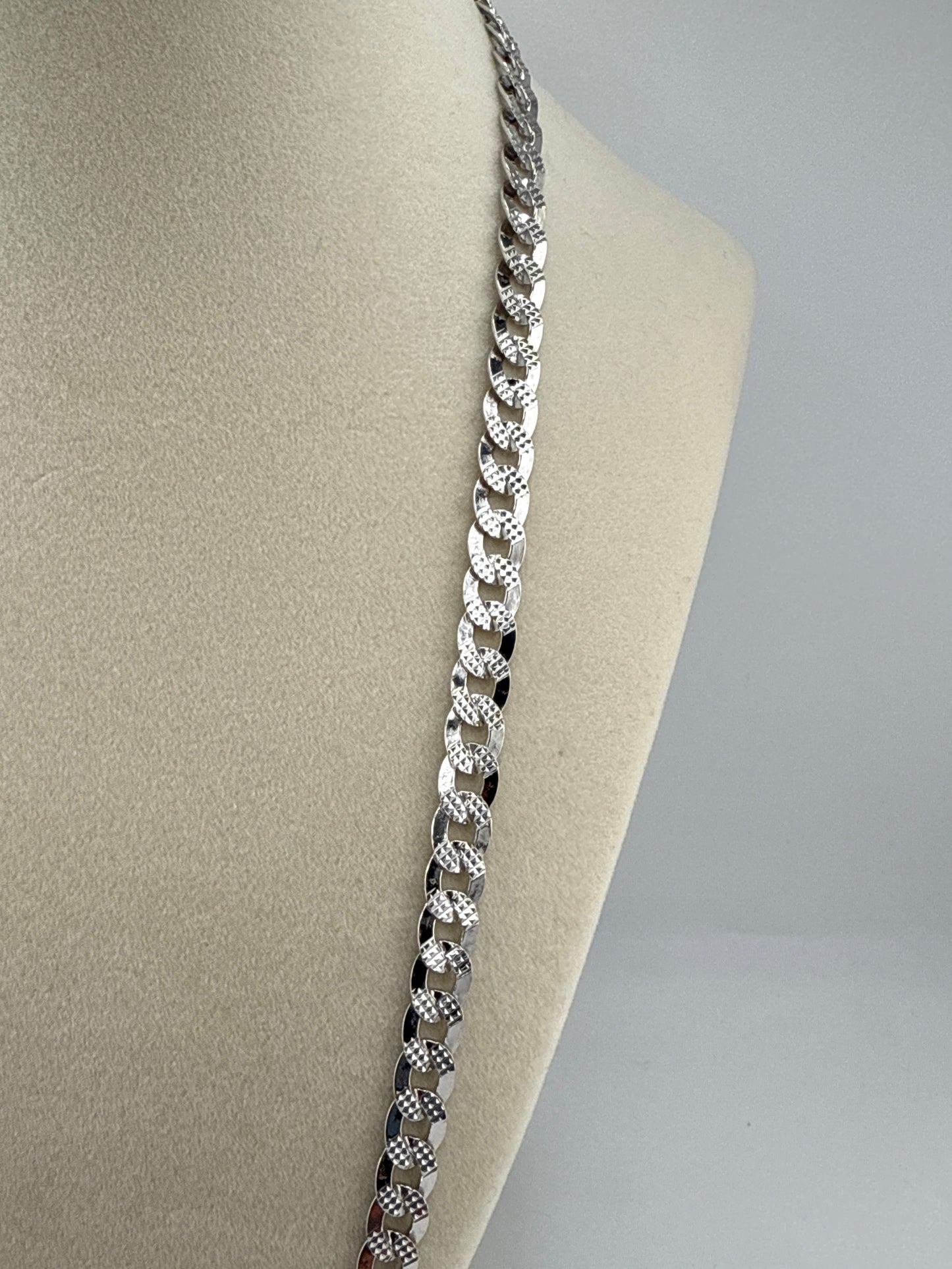 Sterling Silver 24inch 7.5mm Textured & Polished Cuban Chain, Rodium-Plated