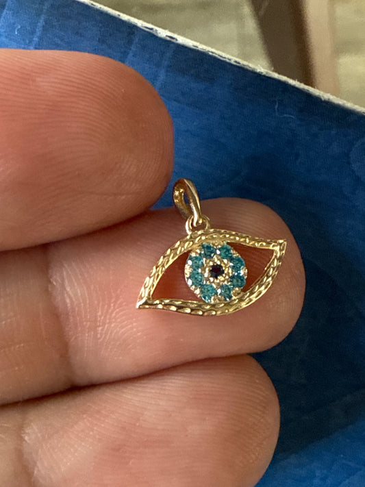14k Gold Blue Cubic Zirconia Evil Eye Pendant