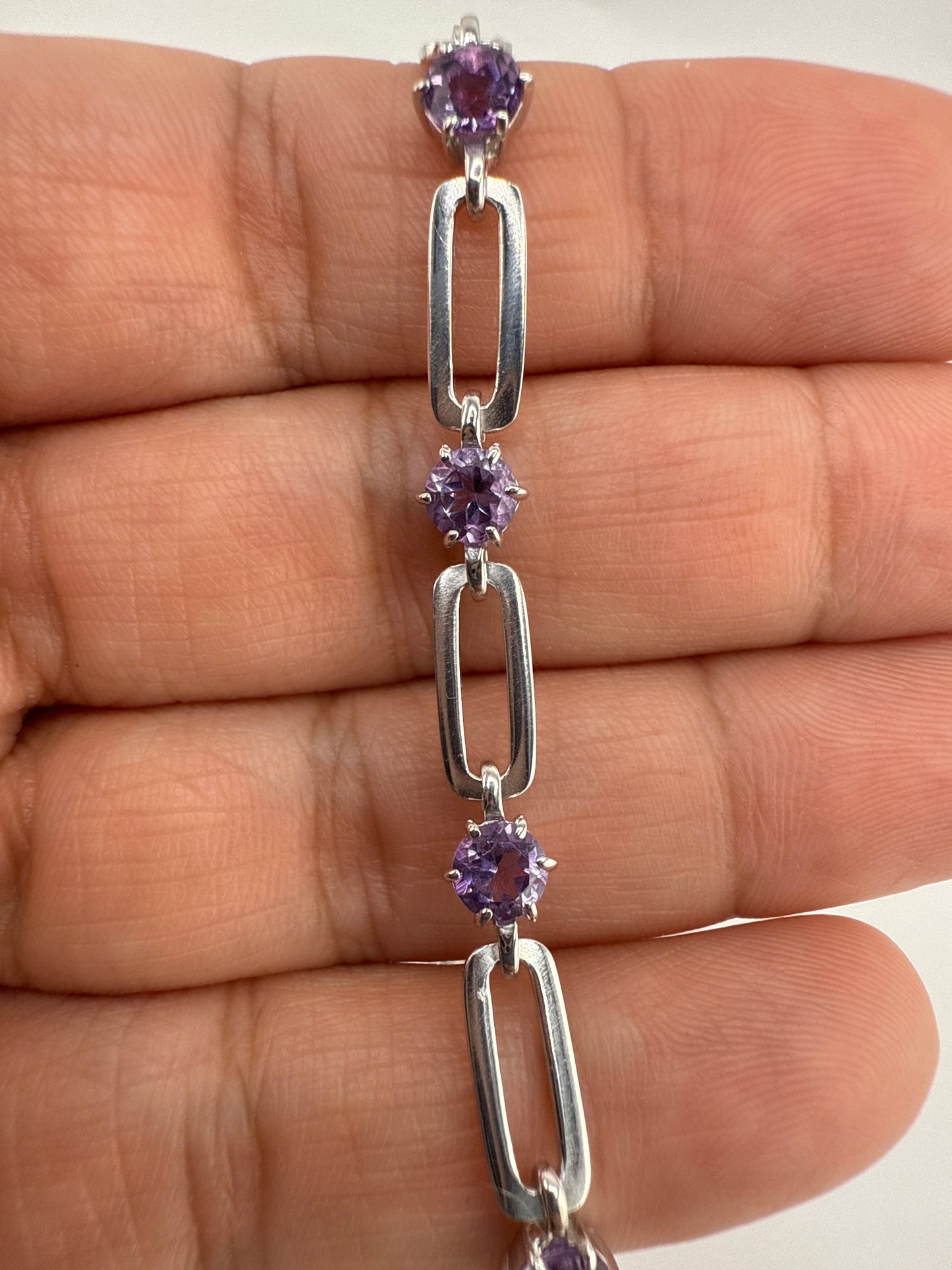 Sterling Silver Paperclip Bracelet - Amethyst