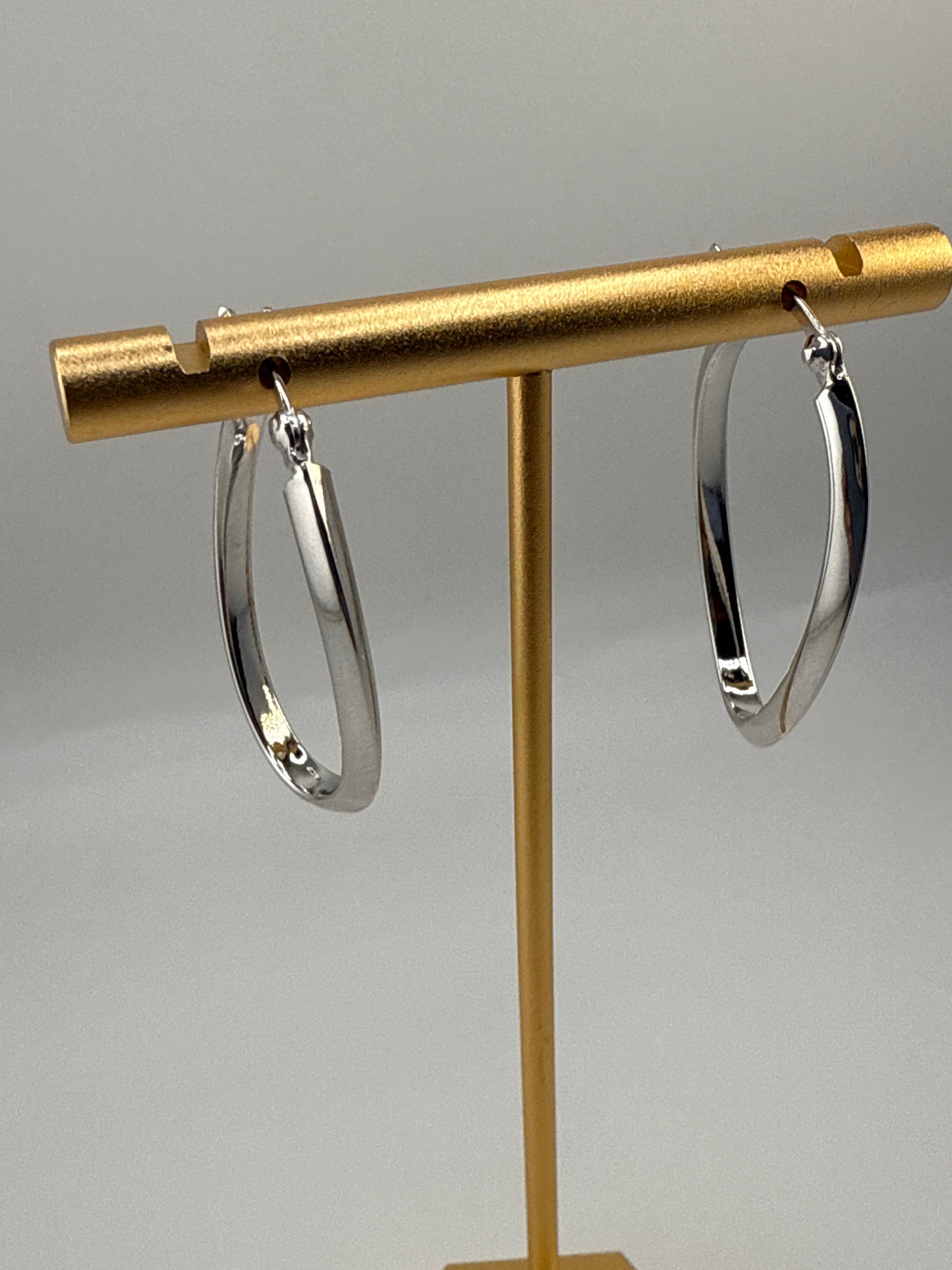 Sterling Silver 35mm Oval Twist Hoop Earrings - Rhodium Plated