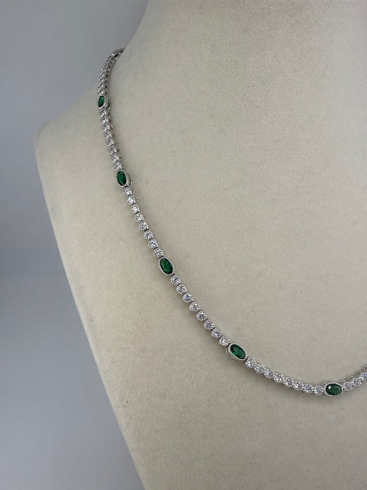 Sterling Silver Beaded Outline Oval & Round Zirconia Tennis Necklace - Emerald