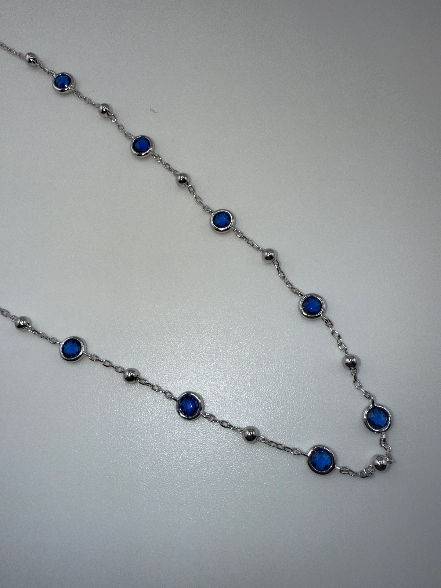 Sterling Silver Bezel-Set Zirconia & Bead Station Necklace - Sapphire, 16 inches