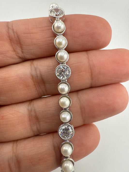 Sterling Silver, Pearl and Zirconia Beaded Outline Bracelet
