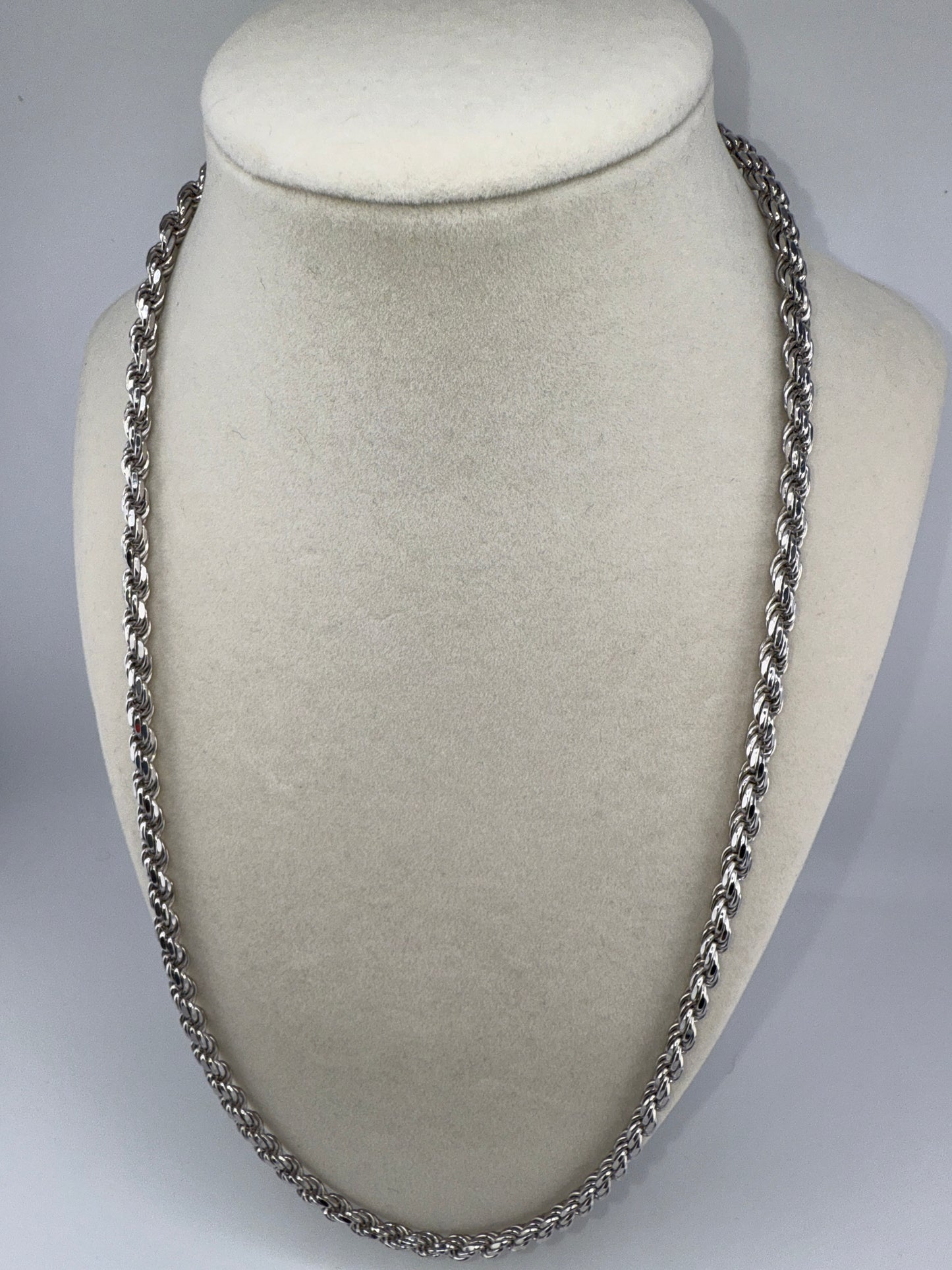 Sterling Silver 24inch Solid Diamond-Cut 5mm Rope Chain - Rhodium Plated