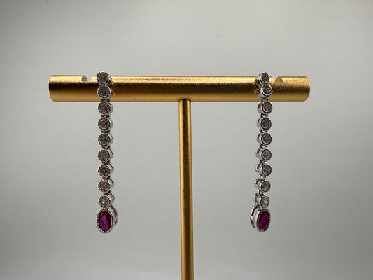 Sterling Silver Beaded Outline Oval and Round Zirconia Earrings - Ruby