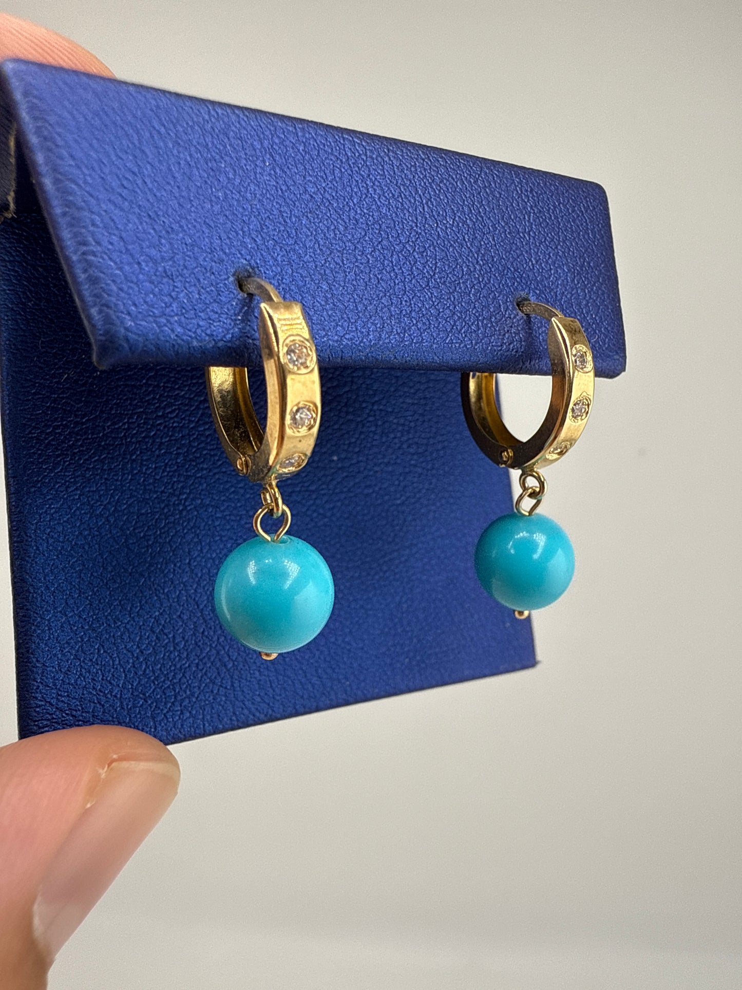 14k Gold and Zirconia Huggies with baby blue details