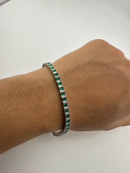 Sterling Silver Emerald Zirconia Rectangle and Marquis Tennis Bracelet