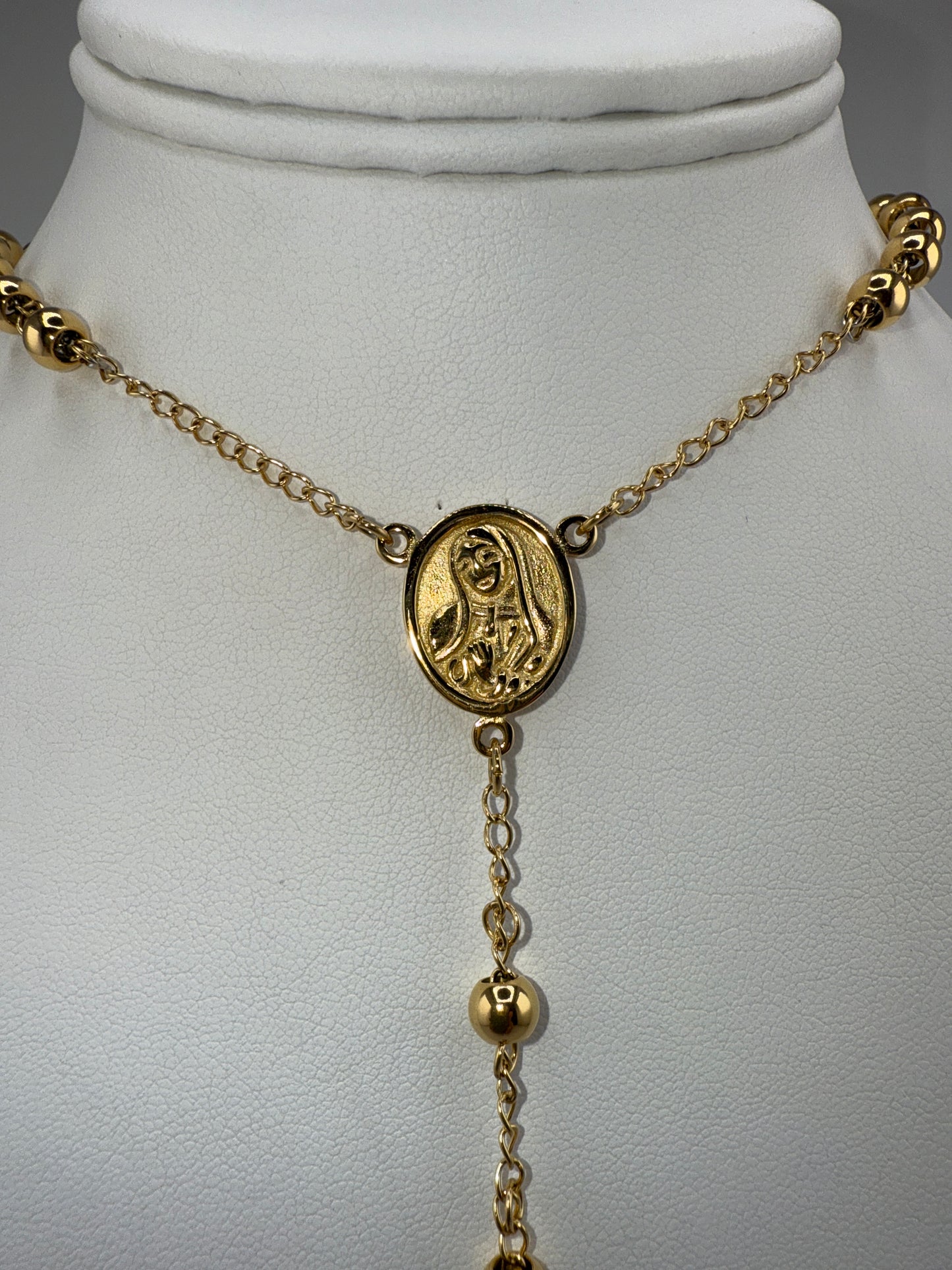 Stainless Steel Polished Yellow IP-Plated Beaded Rosary Necklace and Pendant