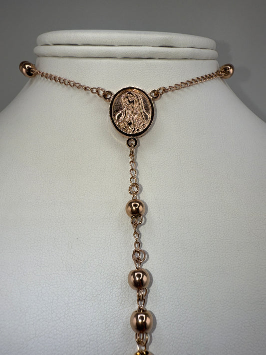 Stainless Steel Polished Rose IP-plated 30 inch Rosary Necklace