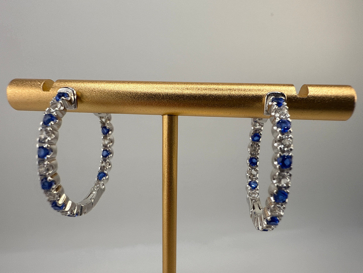 Sterling Silver 3x25mm Hoop Earrings - Created Blue & White Sapphire