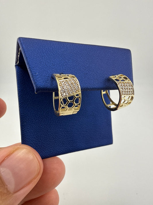 14k yellow gold and zirconia huggie earrings, honeycomb design