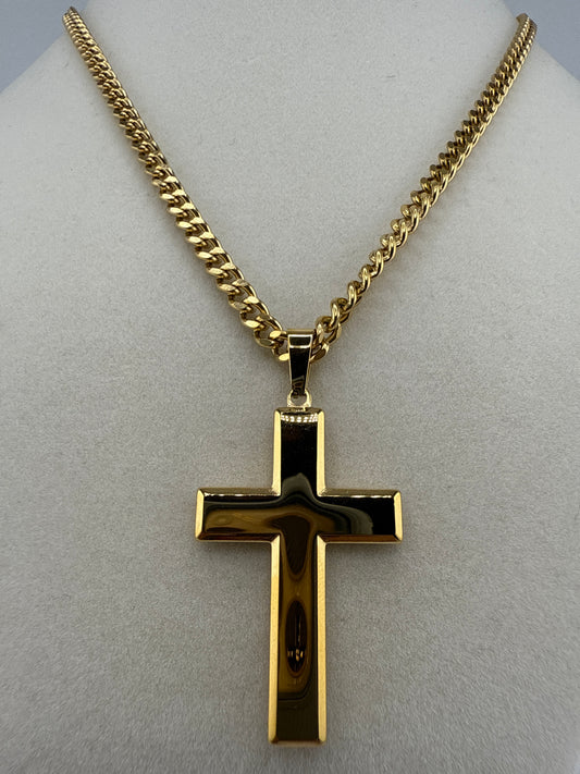 Stainless Steel Polished Cross Necklace - Gold Plated