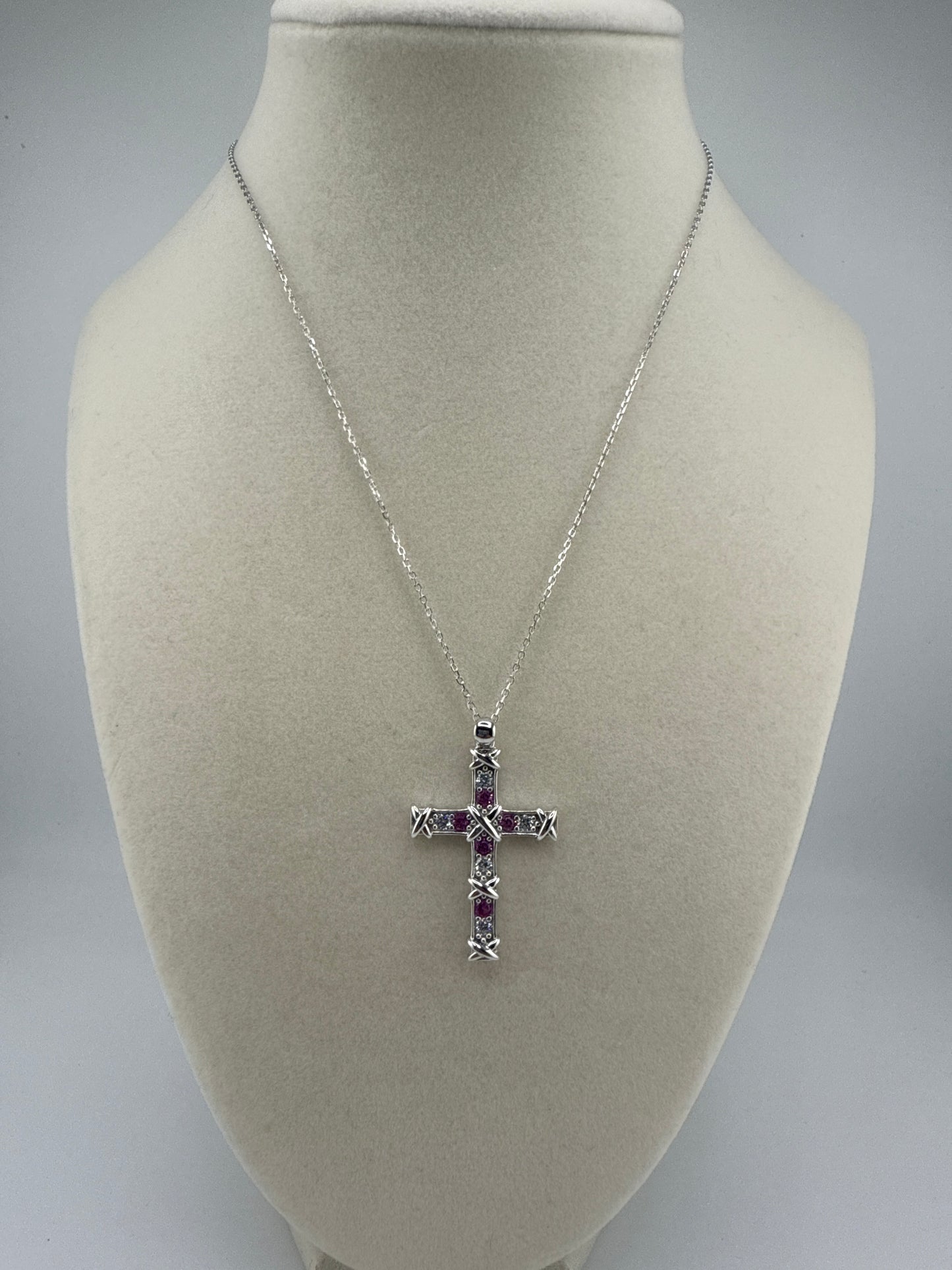 Sterling Silver Zirconia and Pink Topaz Cross Necklace